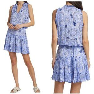 Poupette St. Barth Boho Tiered Clara Mini Dress in Blue Sunflower Size Large